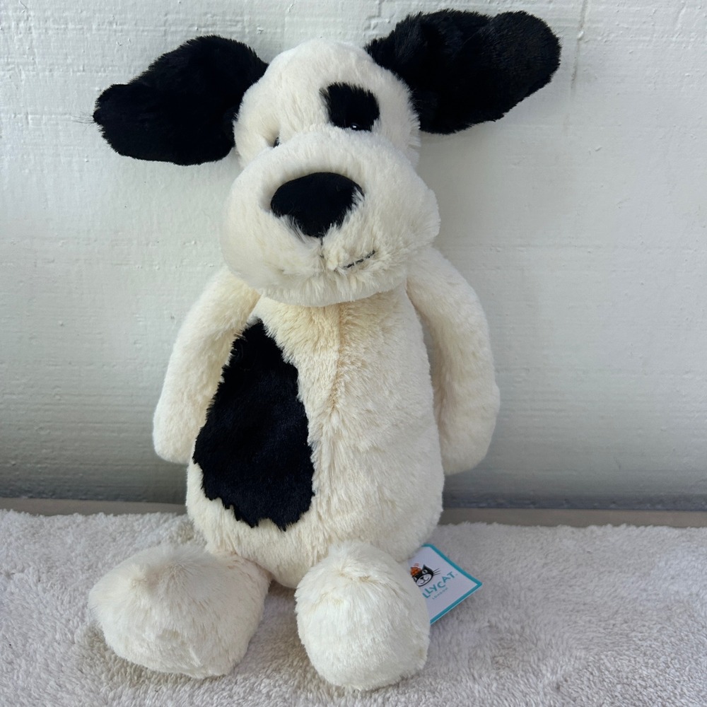 Jellycat Bashful Rufferty Puppy Medium Cream Black Spotted Dog Plush BAS3BCP NWT